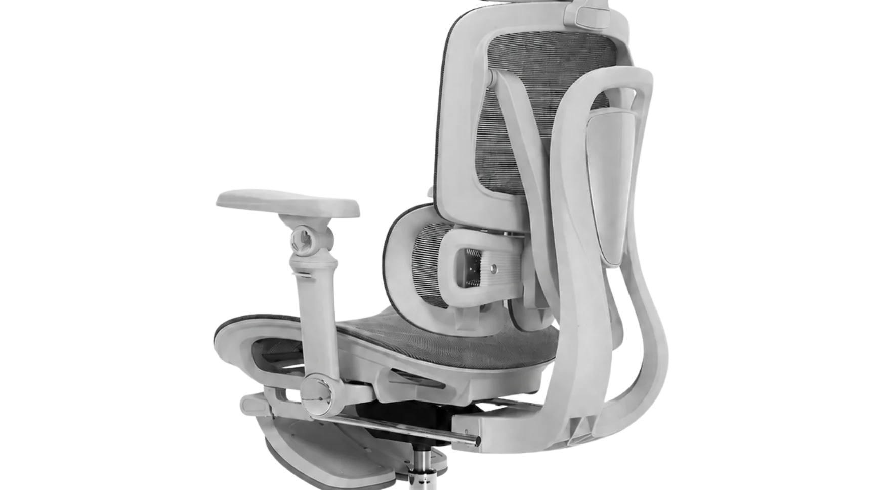 Grey KUUL chair with mesh back, armrest and lumbar support