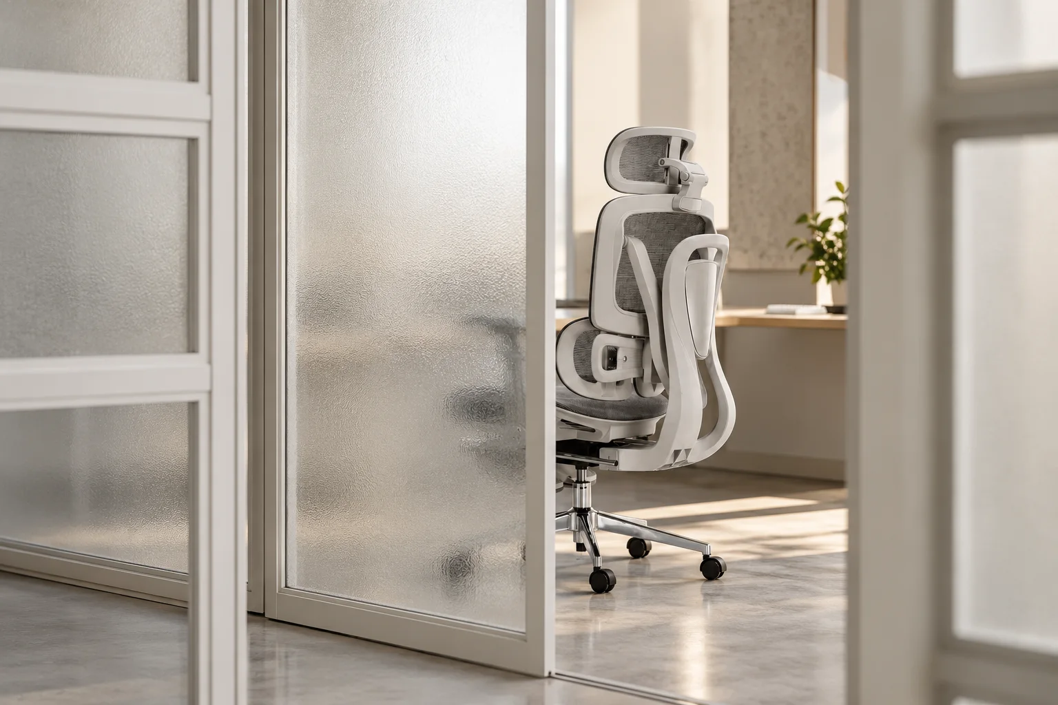 Grey KUUL chair with headrest in a bright office behind a frosted glass door