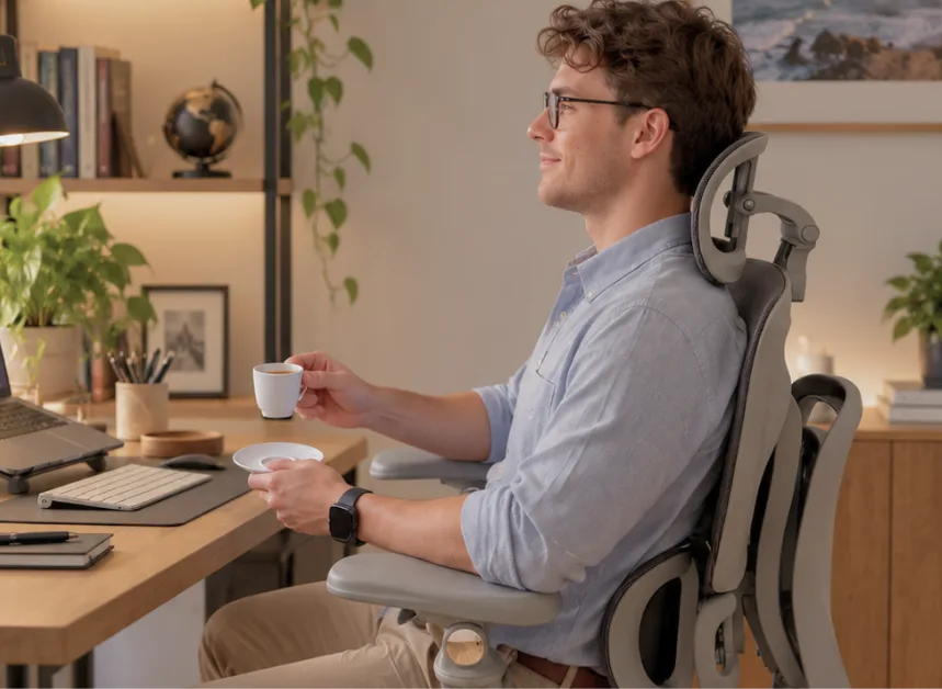 A man relaxing with a coffee in a grey KUUL chair at his desk