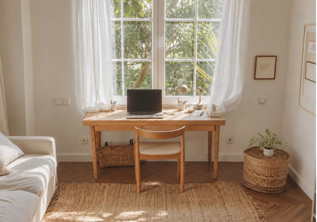 A sunlit home office with a wooden desk and chair by the window