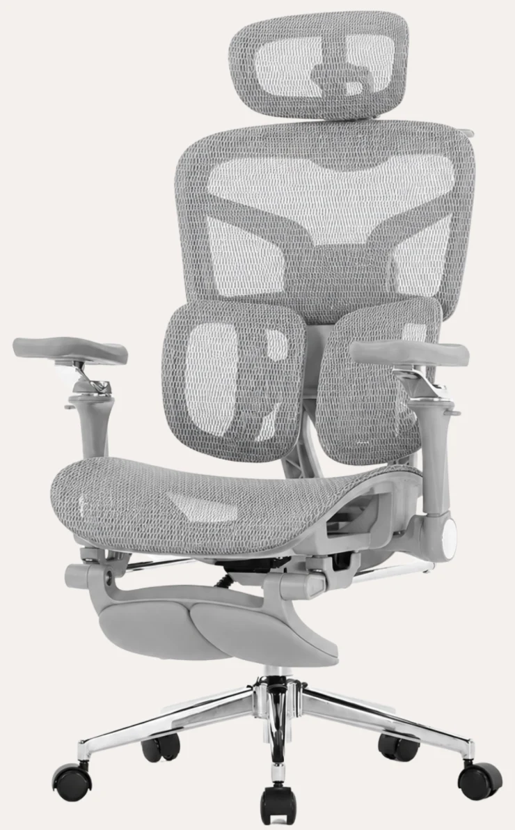 KUUL Aero chair in Mist, three-quarter view with footrest