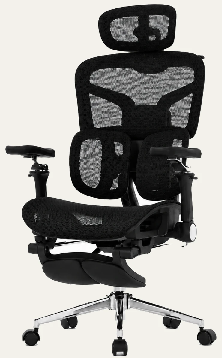 KUUL Aero chair in Onyx Black, three-quarter view with footrest