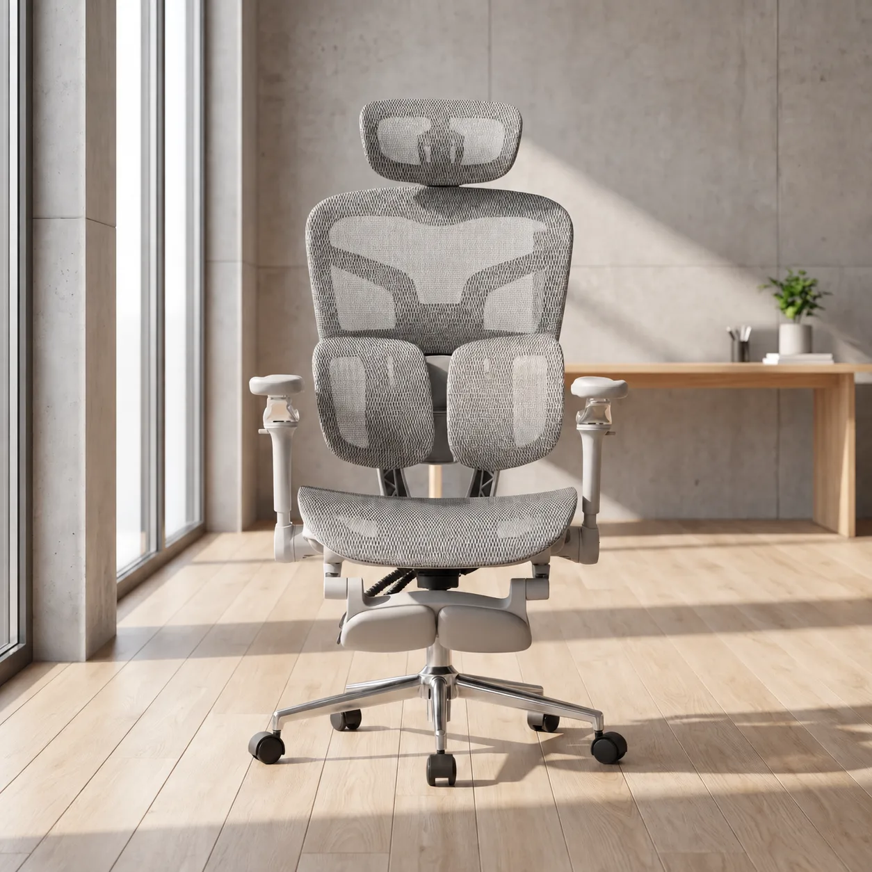 Aero chair in grey in a sunlit room with a timber desk and concrete wall