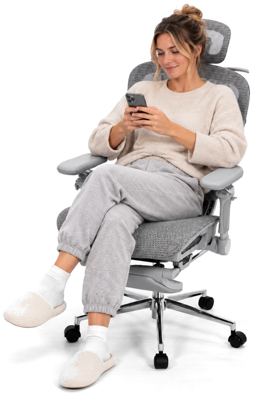 Seated in Aero with legs crossed, using a phone