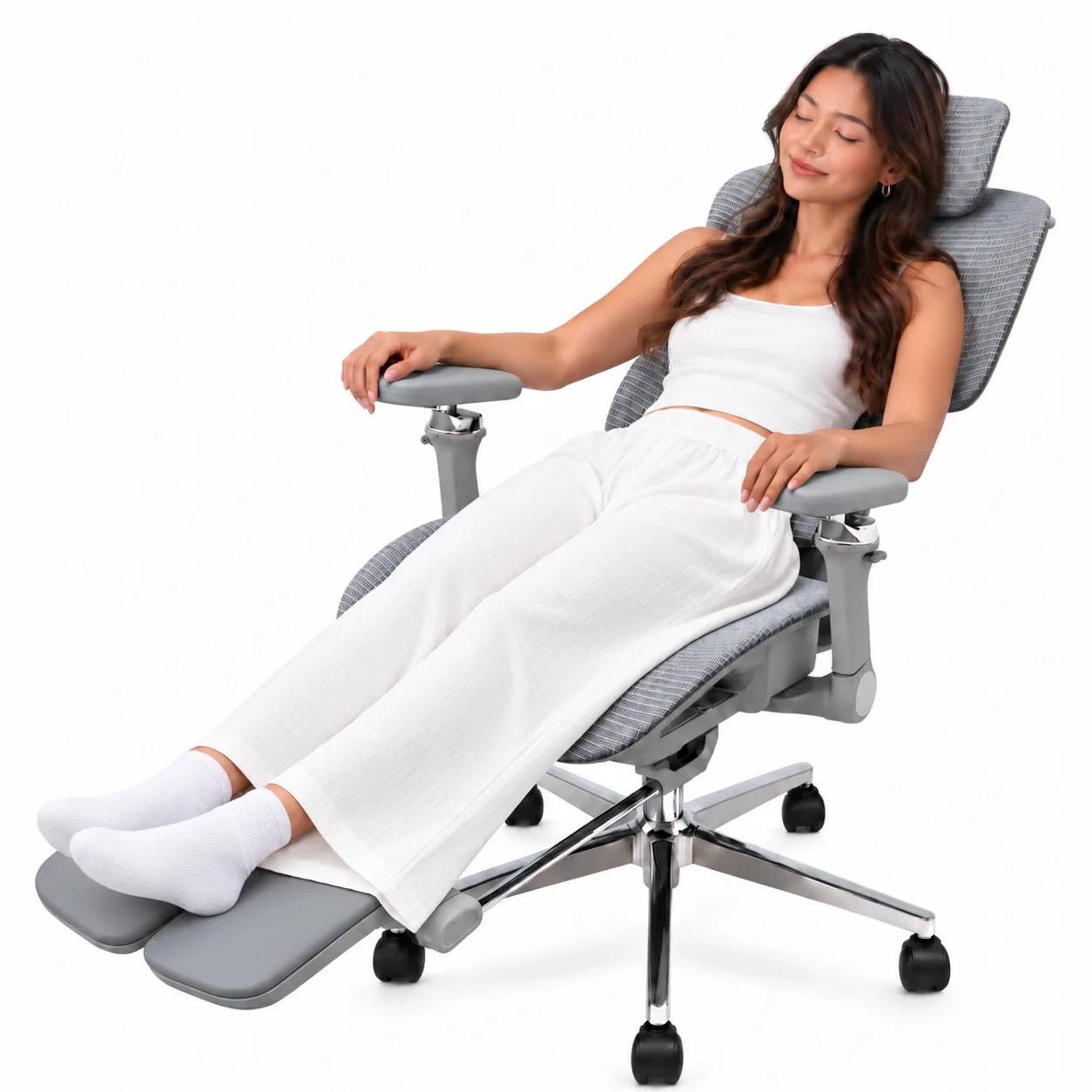 Fully reclined in Aero with the footrest extended, eyes closed