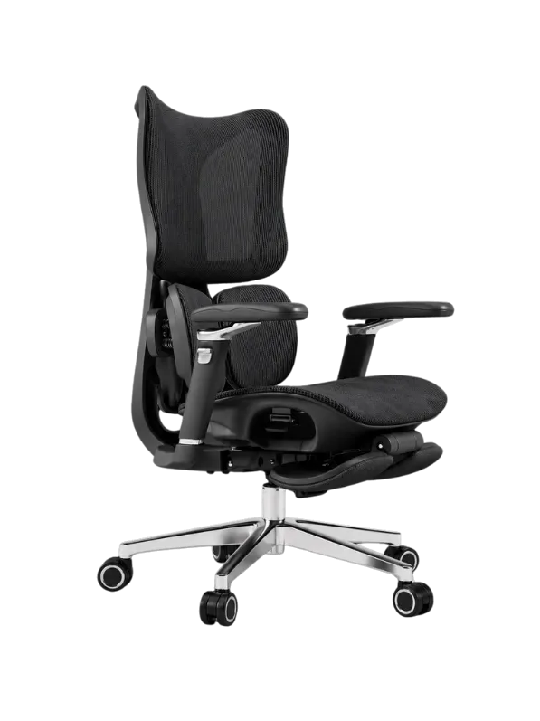 KUUL Arc chair in Onyx Black, front three-quarter view with footrest