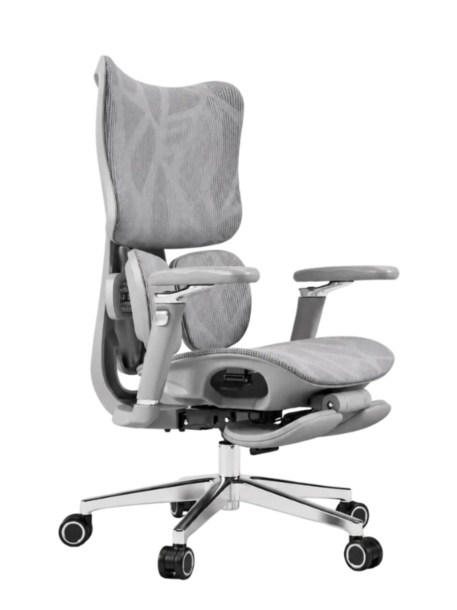 KUUL Arc chair in Grey, front three-quarter view with footrest