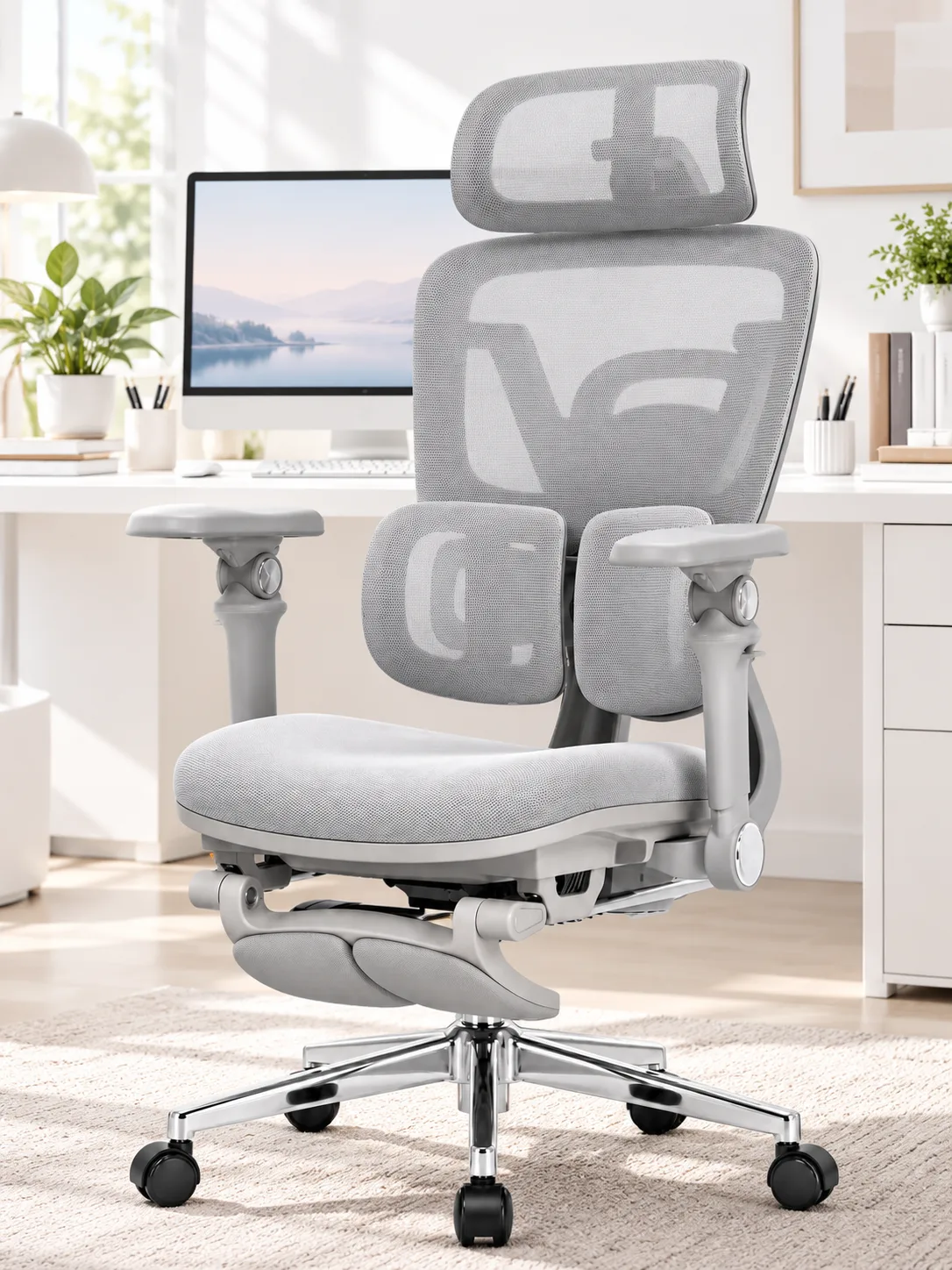 Atlas chair with moulded foam seat at a white desk in a bright home office