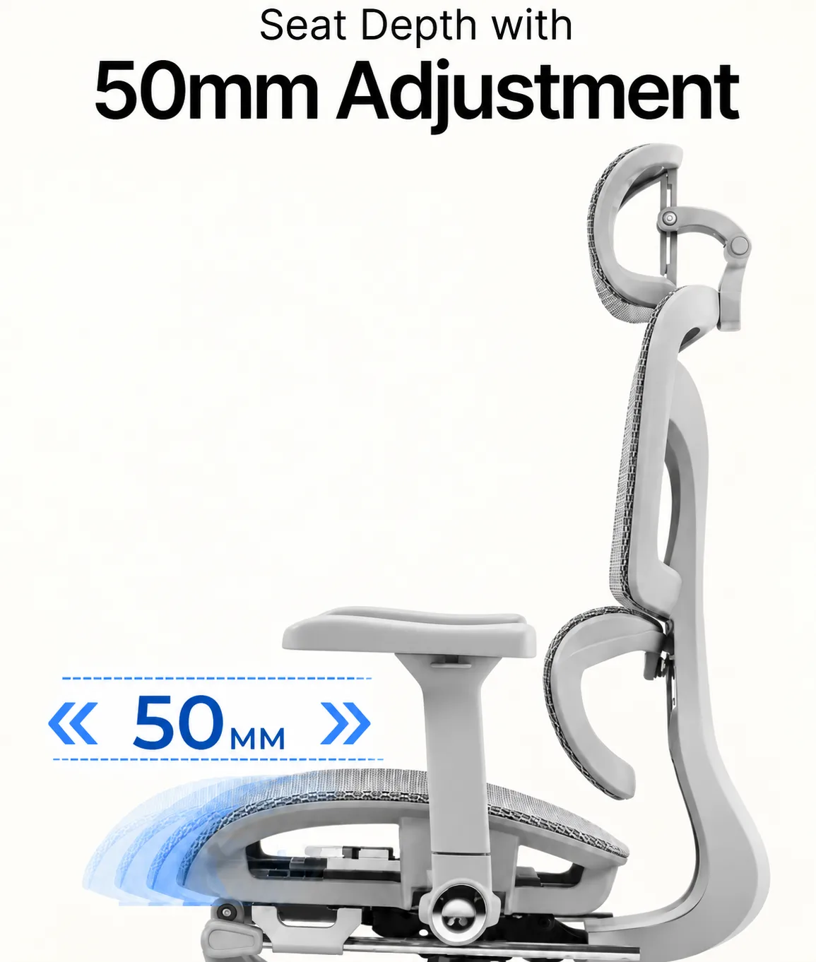 Seat depth with 50 mm adjustment