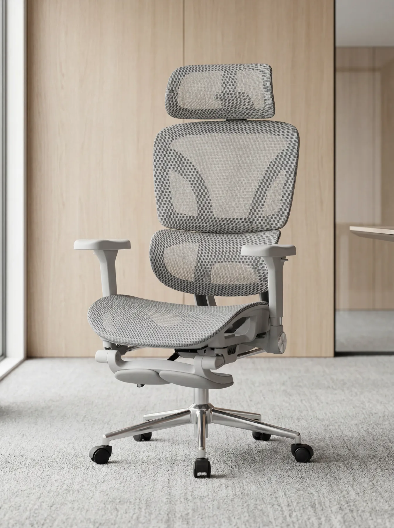 Flow chair in Ash Grey in front of a timber wall on grey carpet