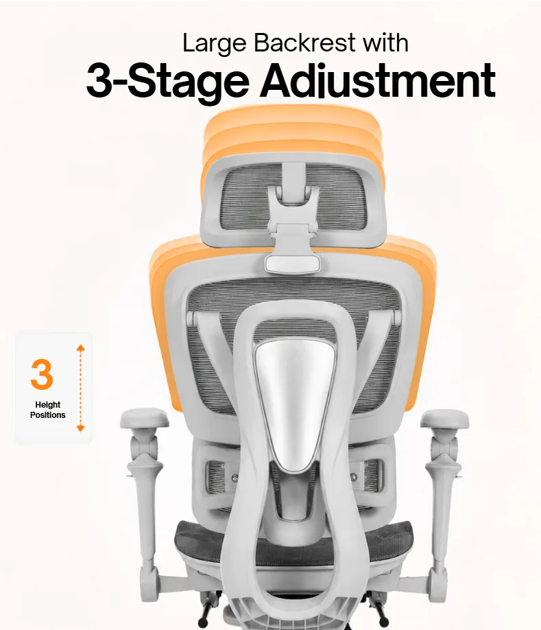 Large backrest with 3-stage adjustment: three height positions