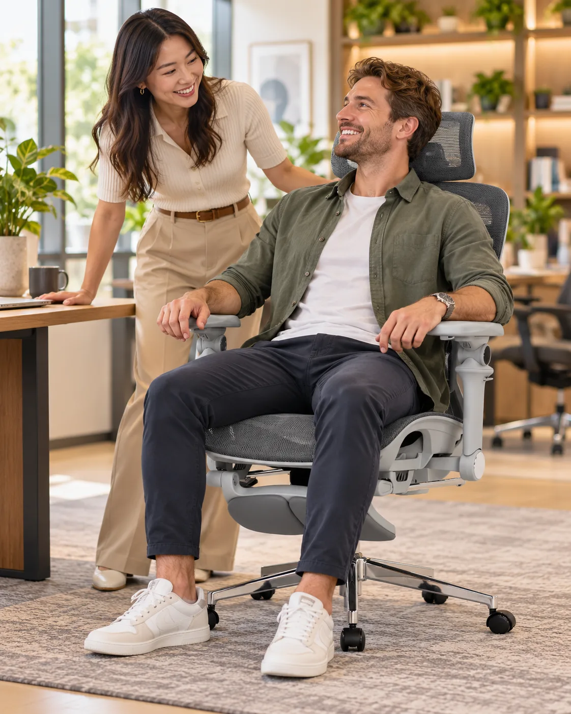 Two people laughing at a desk, one seated in a KUUL chair